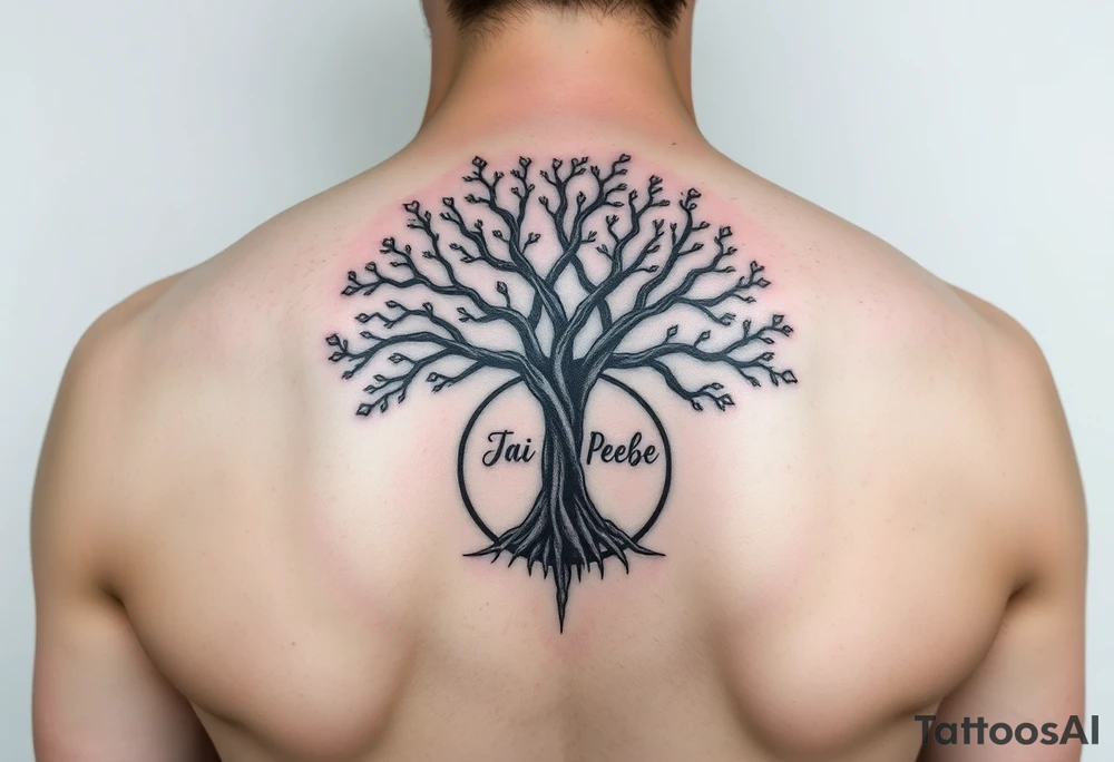 tree of life with circle. names Jai , Phoebe, Imogen, Matilda in the circle tattoo idea