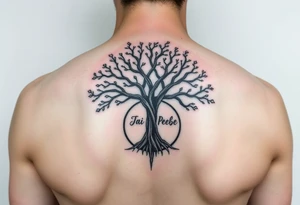 tree of life with circle. names Jai , Phoebe, Imogen, Matilda in the circle tattoo idea