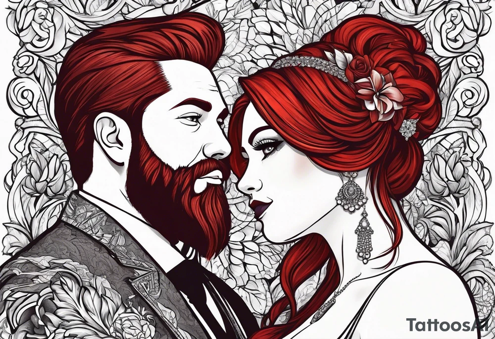 Busty red haired woman with a bearded man who has black hair getting married tattoo idea