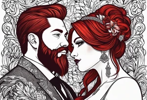 Busty red haired woman with a bearded man who has black hair getting married tattoo idea