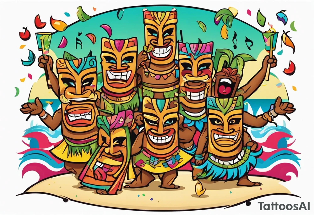 hulu tiki party with dancing tiki guys and sexy tiki girls on a beach with music notes and confetti around a blank space in the middle tattoo idea