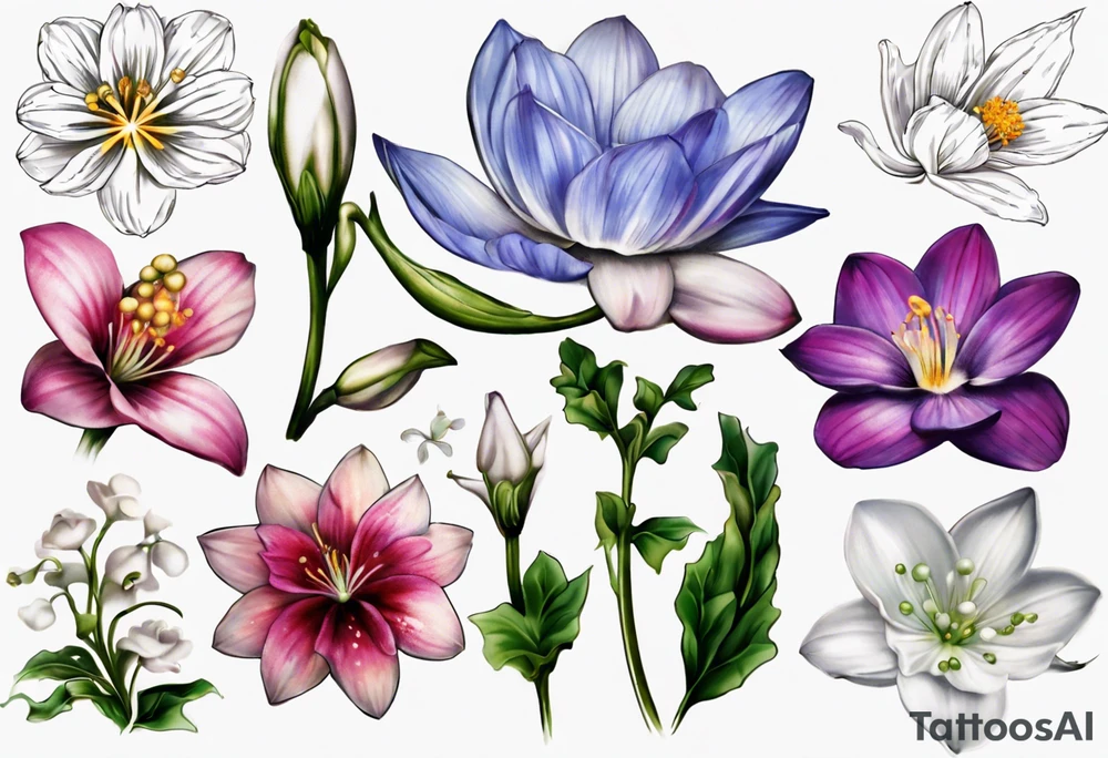 Make a tattoo with Cosmos flower, lily Of the valley, water lily, snow drop, and morning glory with all flowers together tattoo idea