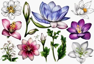 Make a tattoo with Cosmos flower, lily Of the valley, water lily, snow drop, and morning glory with all flowers together tattoo idea