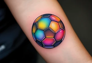 A rainbow-colored soccer ball representing inclusivity and pride in the sport. tattoo idea