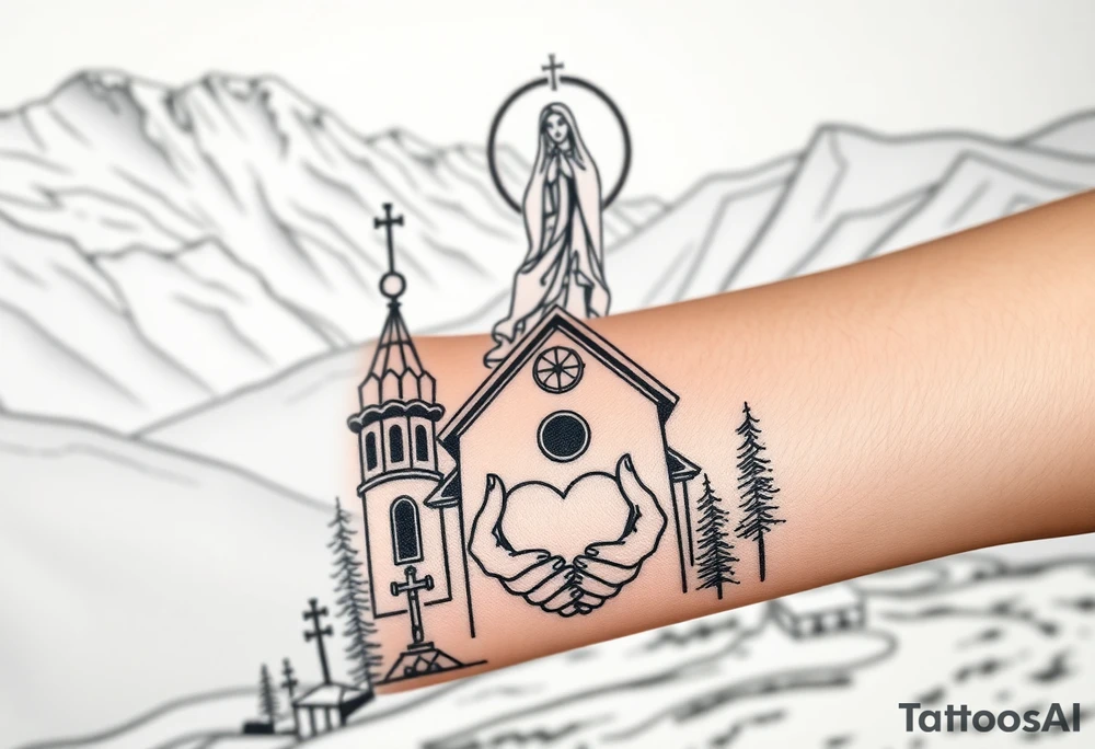 Russian Orthodox church with orthodox spire crosses in a mountainous village setting, with a holy glow around the church, and a virgin mary sat seperately above looking over hands on heart sat above tattoo idea