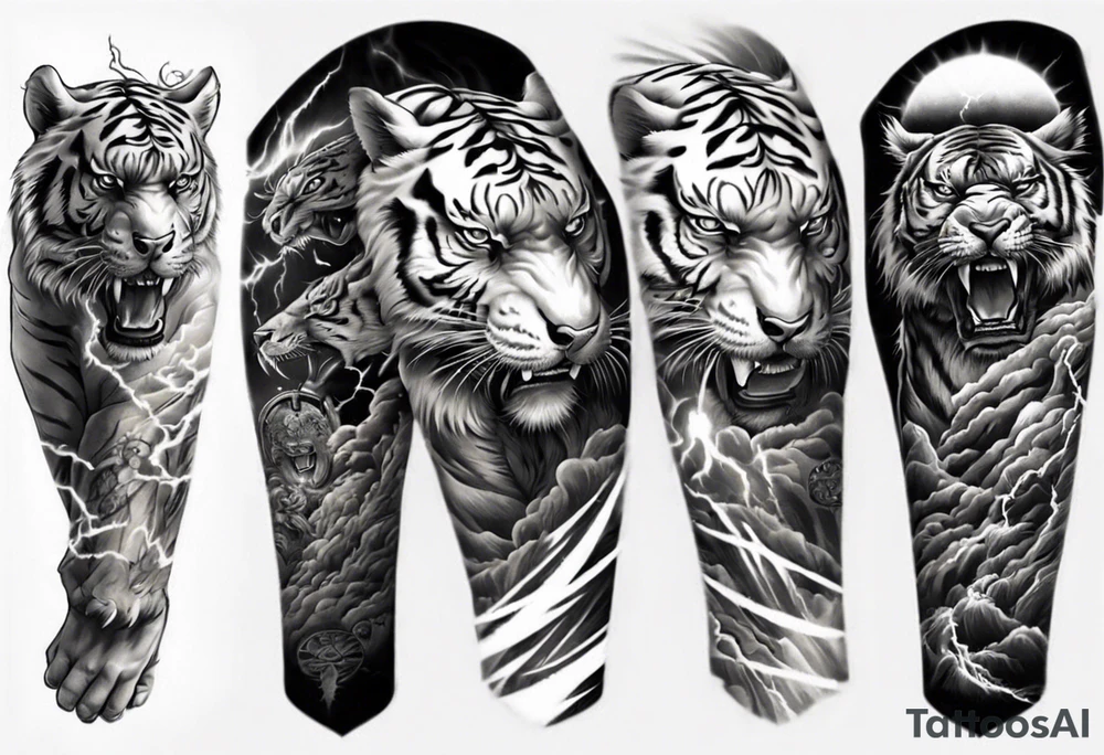 Tiger Warrior sleeve tattoo with lightning and the sun
Forearm sleeve tattoo idea