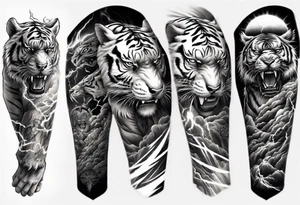 Tiger Warrior sleeve tattoo with lightning and the sun
Forearm sleeve tattoo idea