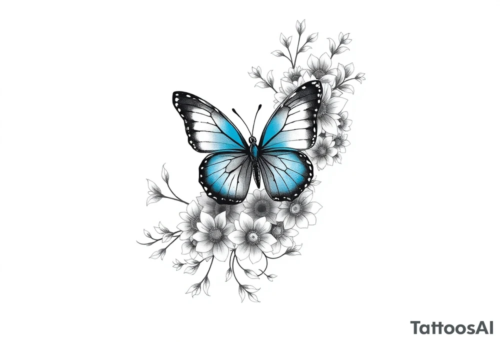 Sleeve/ floral with vines roses and daises large bright blue monarch in center of forearm with floral extending from wrist to mid bicep children’s names written with vines “ amber, Zachary, Justin, Harper, Vivian “ ARM SLEEVE tattoo idea