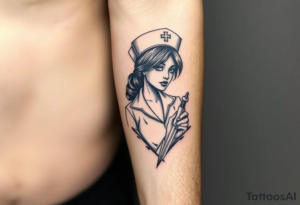 Sleazy nurse with nurse hat and a needle in an elaborate vintage cameo tattoo idea