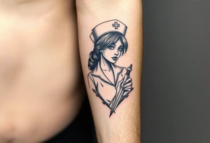 Sleazy nurse with nurse hat and a needle in an elaborate vintage cameo tattoo idea