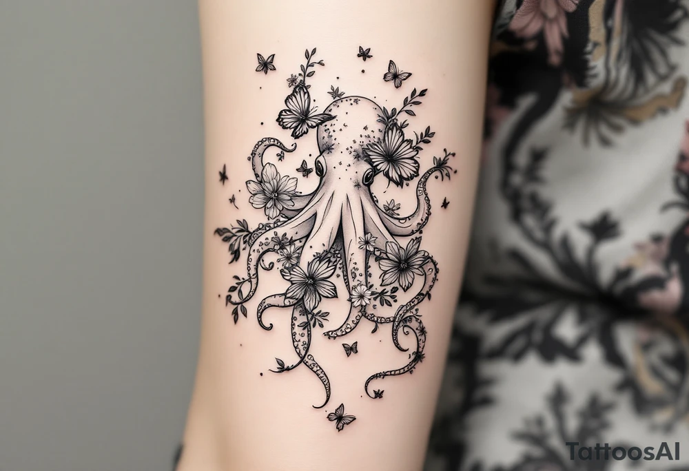 A simple fine-line tattoo design of a single octopus made entirely of flowers and butterflies. The octopus’s tentacles are shaped like flowing floral vines with leaves and petals, and its body is composed of overlapping blossoms and butterfly wings. Incorporate sacred geometry. The style is minimalist, elegant, and nature-inspired, with delicate black and grey lines, soft shading, and no outlines. No aquatic or marine elements besides the floral octopus. Simple. The design flows organically down the upper arm or shoulder, with a light, airy feel, minimalist tattoo idea