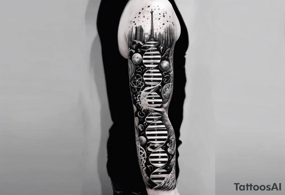 full arm sleeve tattoo combining images of DNA, science, guitar, music, tree of life, cityscape, masculine tattoo idea