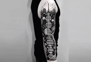 full arm sleeve tattoo combining images of DNA, science, guitar, music, tree of life, cityscape, masculine tattoo idea