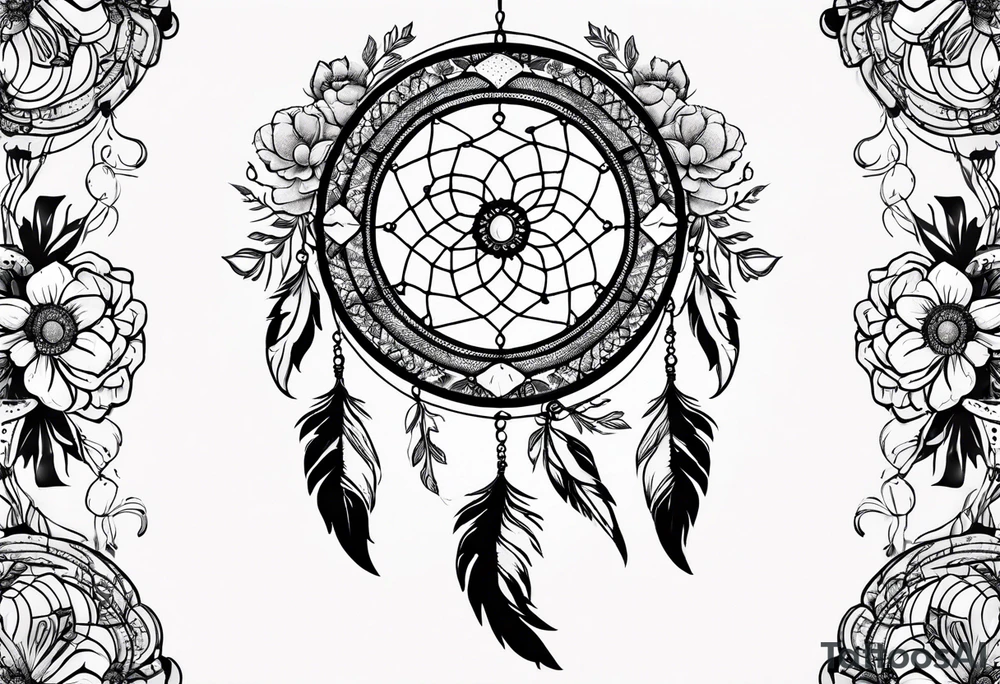 large dream catcher with the scorpio zodiac in the center queen Ann's lace flowers hanging from the bottom tattoo idea