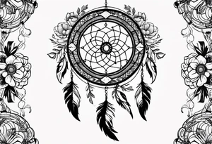 large dream catcher with the scorpio zodiac in the center queen Ann's lace flowers hanging from the bottom tattoo idea