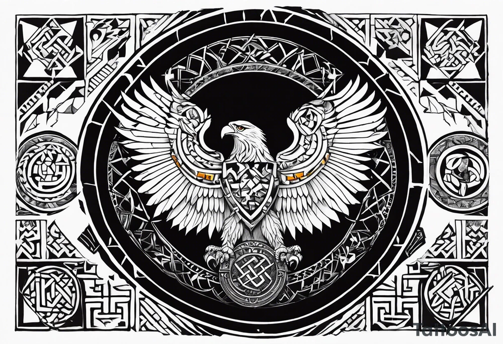 Polish eagle surrounded by viking runes sitting on the tree of life, scattered random geometric shapes and ancient artifacts, include Bruce Springsteens simply the best song it will be a long sleeve tattoo tattoo idea