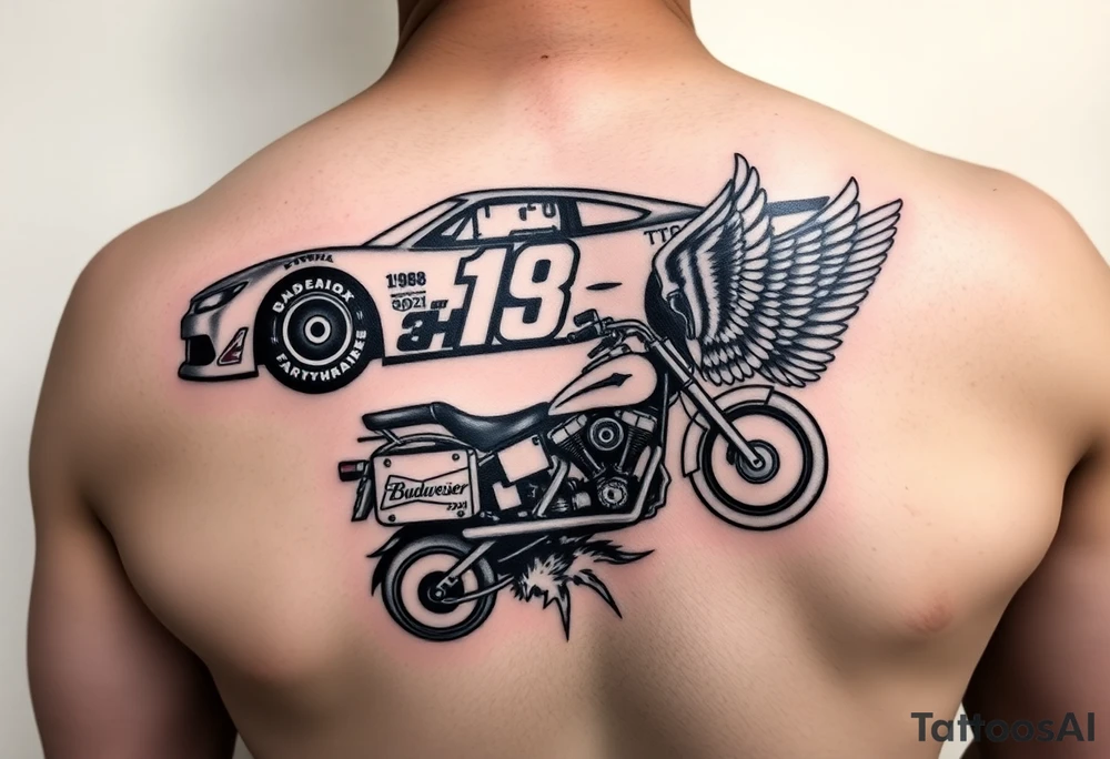 Dale Earnhardt car on it with the year 1958 - 2021 intertwined with a motorcycle with a Budweiser logo on it with a guardian angel wolf tattoo idea