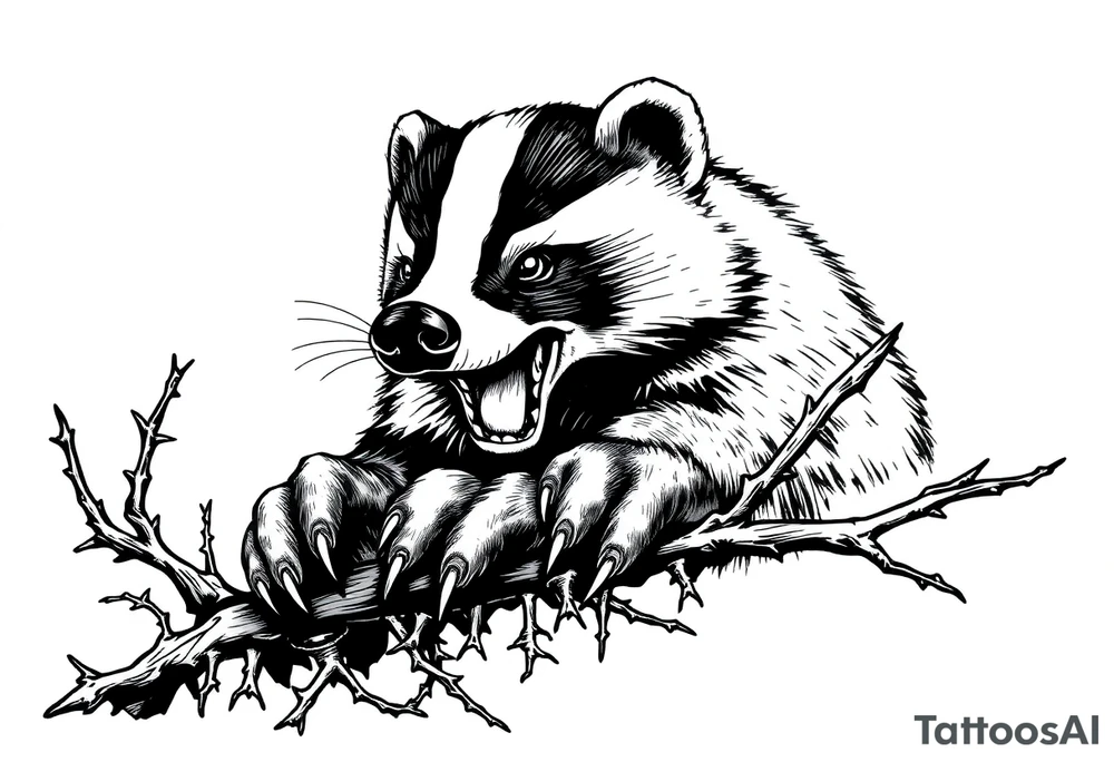 An eye view of a bloodthirsty beekeeper badger showing its claws over a thorny bush tattoo idea