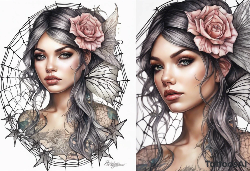 Fairy with bottom half wrapped up by spider web tattoo idea