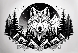 un lobo con tres lobos pequeños y un bosque tattoo idea