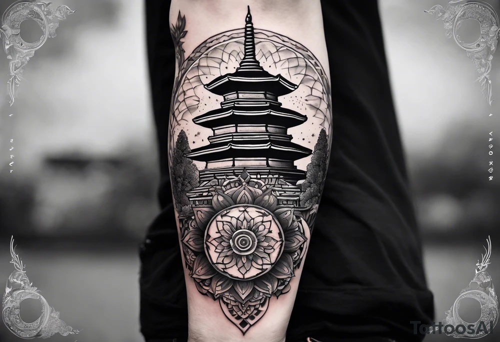 The back of a forearm tattoo with the background as a world map surrounded by a mandala with a Buddhist stupa at the bottom tattoo idea