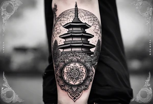 The back of a forearm tattoo with the background as a world map surrounded by a mandala with a Buddhist stupa at the bottom tattoo idea