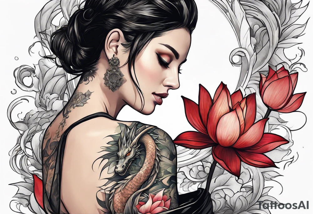 A woman with a dragon tattoo on her arm, holding a lotus flower, 16:9 tattoo idea