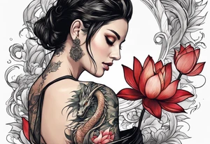 A woman with a dragon tattoo on her arm, holding a lotus flower, 16:9 tattoo idea