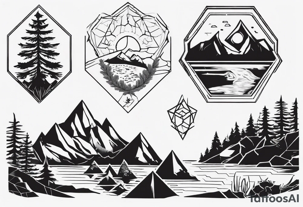 Several hexagons, within which is a mountain in the background on the right side, a sun on the left, a coniferous forest in the foreground, and a lake on the lower side tattoo idea