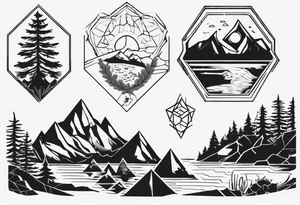 Several hexagons, within which is a mountain in the background on the right side, a sun on the left, a coniferous forest in the foreground, and a lake on the lower side tattoo idea