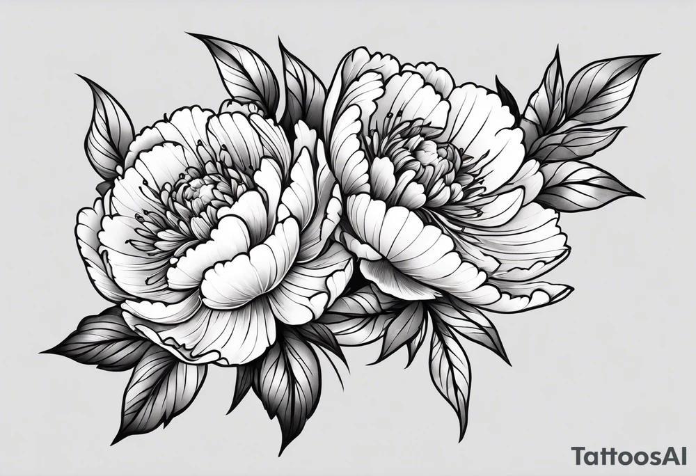Shoulder and forearm tattoo for woman. Japanese style peony flowers bunch with stems extended to the forearm. Lightly coloured. Thin lines. Add long stems. Not very packed have distance between flowers . Add stems tattoo idea