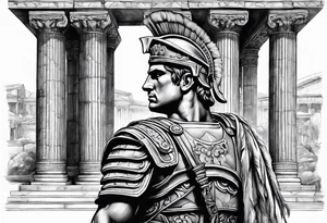 large Roman solider looking at distant pillars tattoo idea