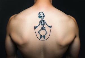 Funny minimalist small skeleton jumping on  jump rope with a blue headphones and blue tennis shoes and blue wrist bands tattoo idea