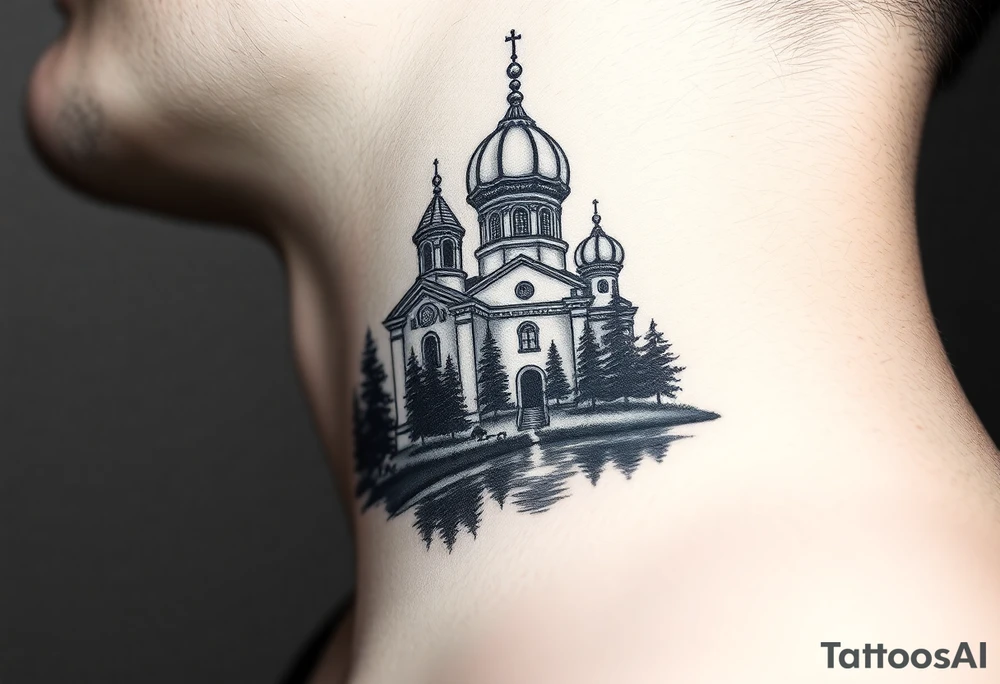 medium sized russian orthodox dome church with a separated virgin mary with a lake and pine trees on the sized of my neck tattoo idea