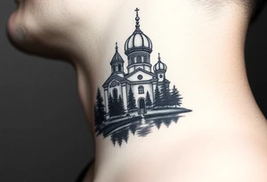 medium sized russian orthodox dome church with a separated virgin mary with a lake and pine trees on the sized of my neck tattoo idea