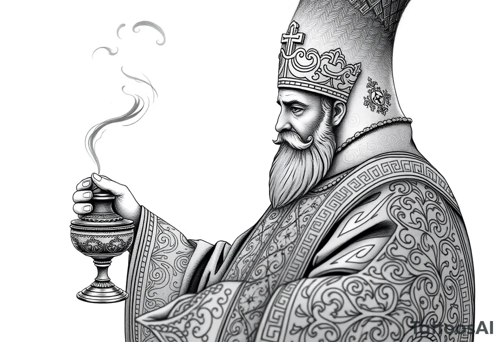 A Russian Orthodox Priest in full gold vestments swinging a censer with smoke curling upward 

The ornate robes give incredible fine line detail
The incense smoke could flow and connect to other elements
It ties directly into the church and Virgin Mary you already have
Very culturally authentic to the overall theme tattoo idea