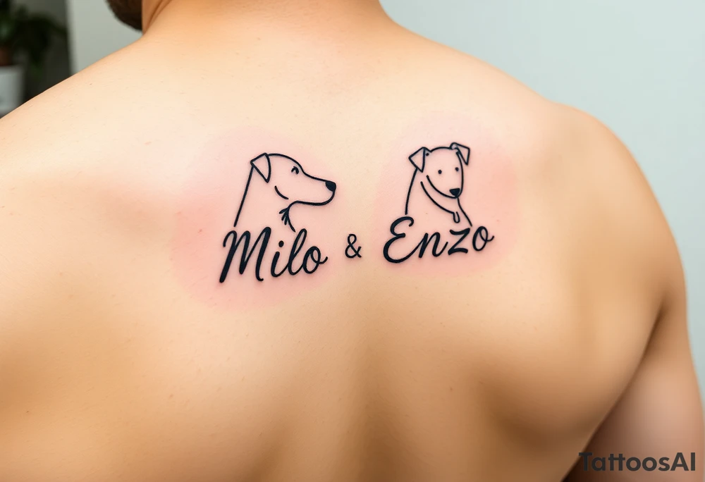 minimal ling line dog lover tattoo , dogs name in cursive Milo and Enzo tattoo idea