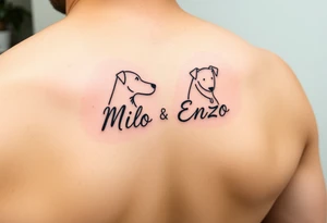 minimal ling line dog lover tattoo , dogs name in cursive Milo and Enzo tattoo idea