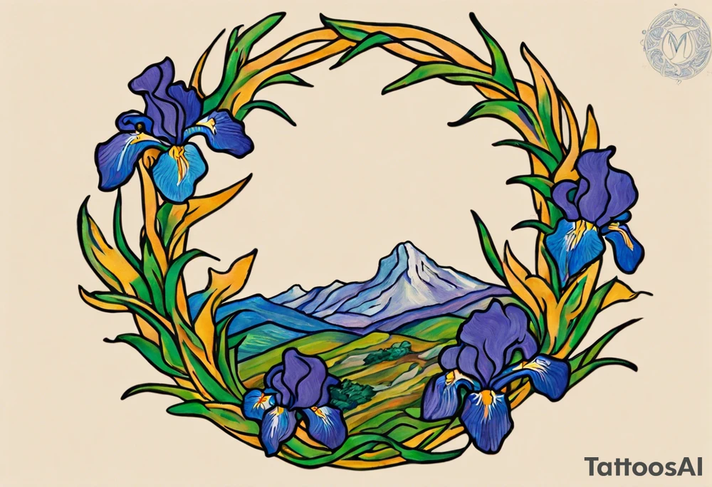 Create a small colorful Vincent van Gogh Irises tattoo in the form of a crescent, with vines or Celtic knots gracefully intertwining at a central point in the middle of the wreath.  In the middle of the wreath are mountains and other items found in New Mexico. Ensure that the design avoids the appearance of a bush and maintains a more structured and deliberate arrangement. The intended placement is on the upper chest. The overall design should be small in size while maintaining a delicate and artistic aesthetic. Pay attention to the graceful flow of the vines and the placement of the irises to achieve a refined and elegant look. tattoo idea