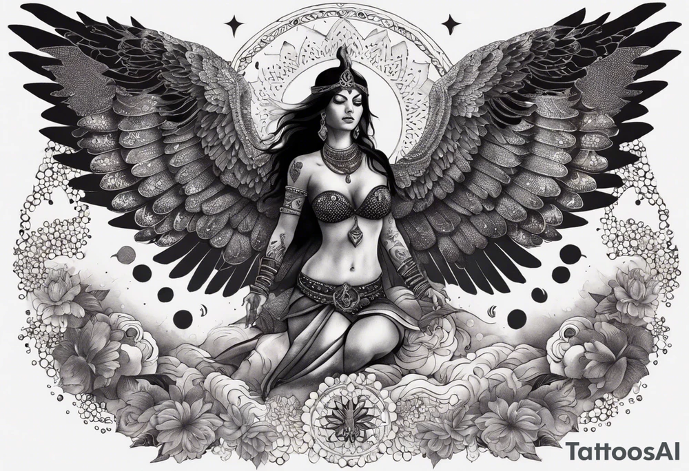 black kali, goddess pirate, alien, angel, pachamama, valkrye, warrior, flying, skull, lotus azul, wing, eagle, zenza resonance, stars, 5D, anahata chakra, death, durga, riding on a tiger, flying lady, chest tatoo tattoo idea
