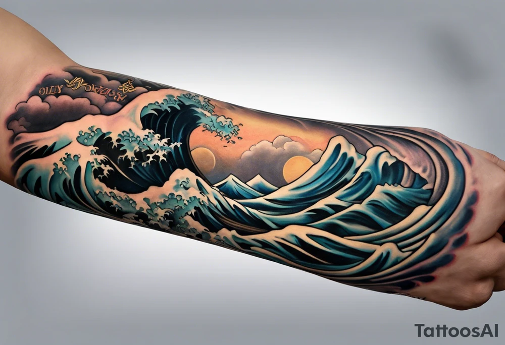 realistic forearm sleeve of money,kids, clouds,journey, bible verses, ninja style tattoo idea