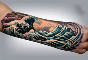 realistic forearm sleeve of money,kids, clouds,journey, bible verses, ninja style tattoo idea