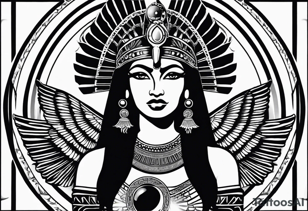 black and white Egyptian goddess Isis, who is often depicted as a woman with outstretched wings, holding an ankh (a symbol of life) in one hand and a lotus flower in the other. Her headdress often includes a throne or a solar disk. The tattoo design can vary in style and size, but it typically aims to capture the essence of this revered Egyptian deity, emphasizing her beauty, power, and maternal qualities. The choice of colors and additional elements can also be customized to create a unique and visually striking representation of the goddess Isis tattoo idea