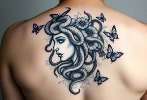 Side portrait of Medusa with snakes heads, floral background and butterflies tattoo idea