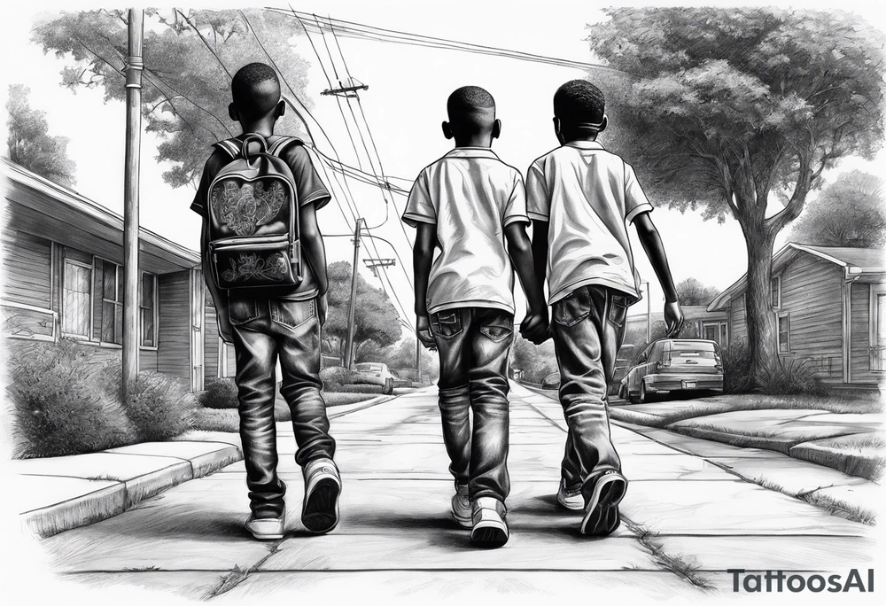 the bond between three black school age brothers walking away down a street showing full bodies tattoo idea