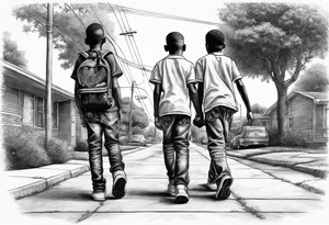 the bond between three black school age brothers walking away down a street showing full bodies tattoo idea