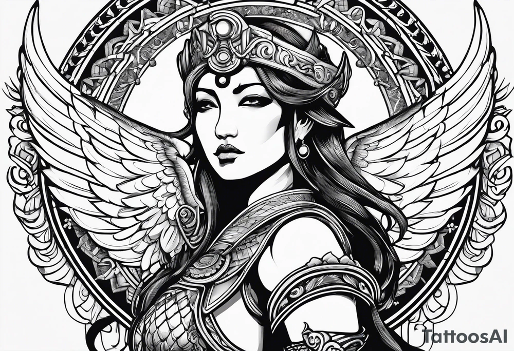 gladiator figure, ram horns, angel wings tattoo idea
