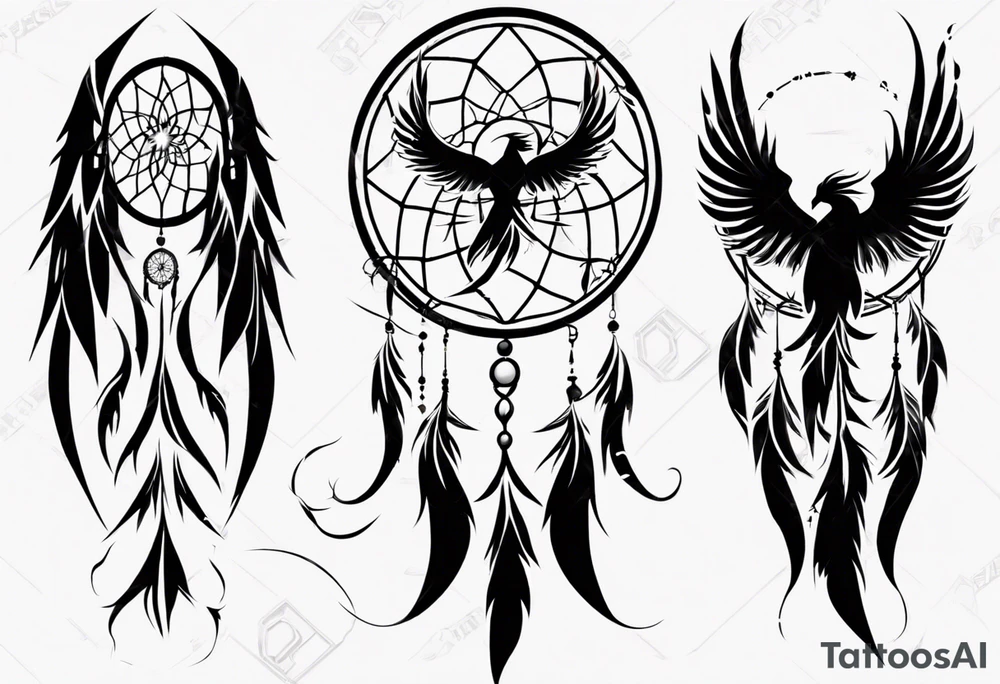 Vertical Phoenix with long abstract dream catcher tail tattoo idea Vertical Phoenix with long abstract dream catcher tail tattoo idea