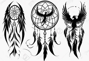 Vertical Phoenix with long abstract dream catcher tail tattoo idea
