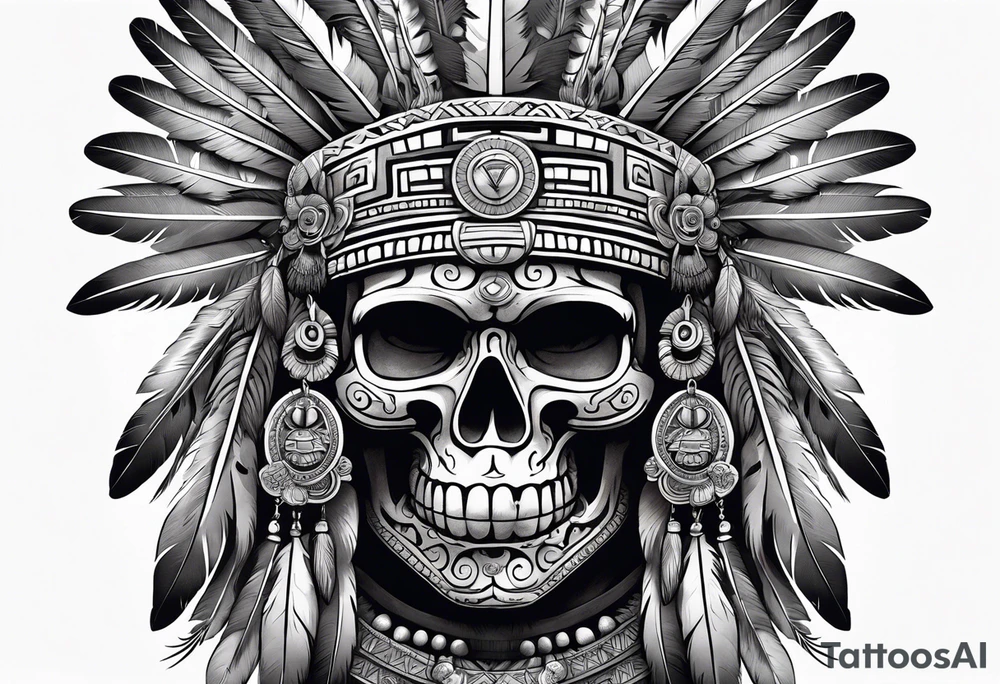 aztec god of death Mictlantecuhtli with long feathers around his head and skull as a head realistic tattoo idea
